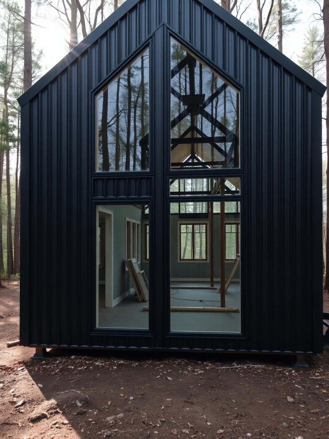 A finished portable tiny cabin set against mountain ranges at dusk